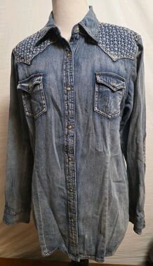 Wrangler Pearl Snap Denim Shirt Dress Striped Yoke Women's M Western Cowgirl
